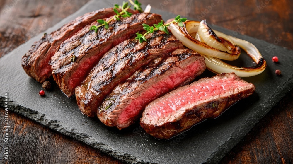 Grilled steak slices garnished with herbs on a slate board. Grilled steak slices garnished with herbs on a slate board.