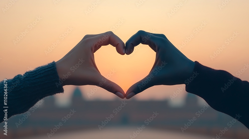 A striking image of hands of diverse individuals forming a heart shape against a backdrop of a sunset, illustrating love and acceptance. Each hand is uniquely decorated, showcasing individuality, A striking image of hands of diverse individuals forming a heart shape against a backdrop of a sunset, illustrating love and acceptance. Each hand is uniquely decorated, showcasing individuality,