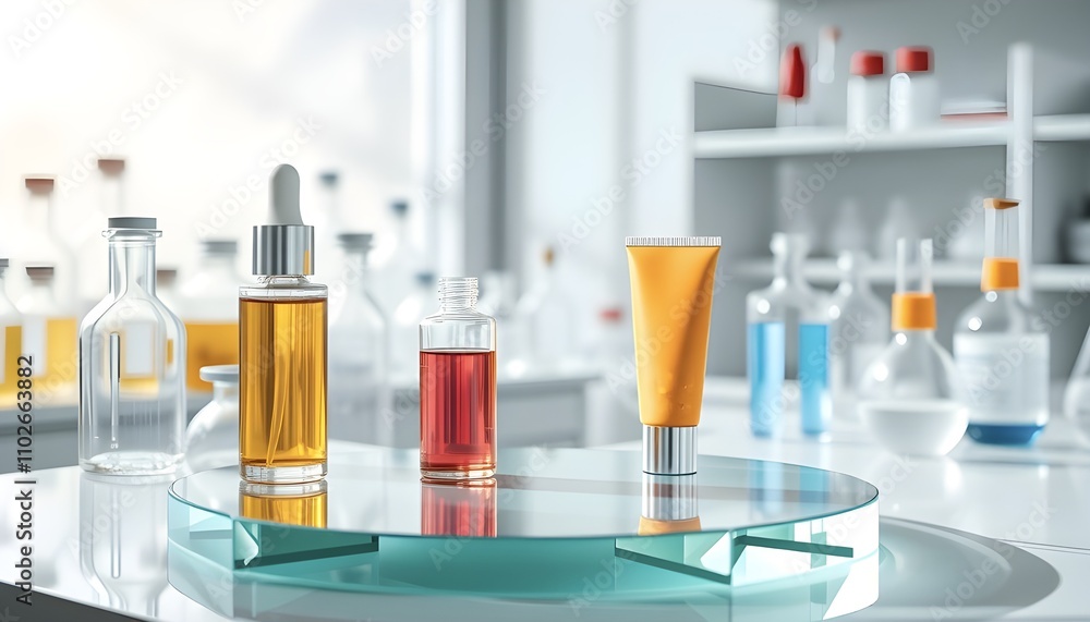 Empty glass podium with glass geometric platform. Science laboratory test tubes, chemistry laboratory equipment