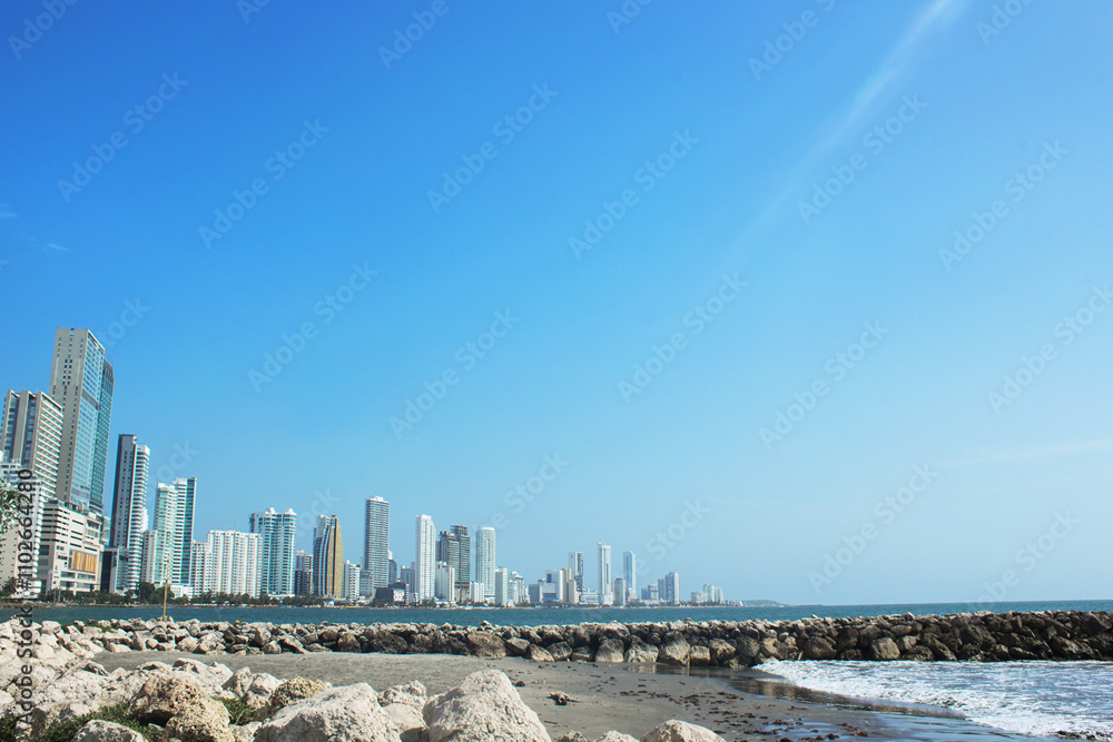Naklejka premium Vista panorámica de la costa caribeña de america del sur en la ciudad de Cartagena de indias, Colombia.