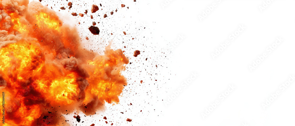 A dramatic explosion with fiery orange and red hues, surrounded by flying debris, set against a plain white background. A dramatic explosion with fiery orange and red hues, surrounded by flying debris, set against a plain white background.
