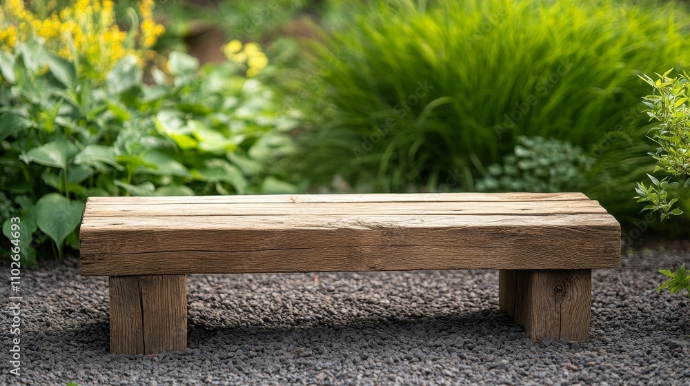Rustic Wooden Bench in Lush Garden Setting Rustic Wooden Bench in Lush Garden Setting