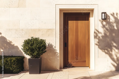 玄関の木製ドアと屋外の植木鉢 | Wooden Door with Outdoor Potted Plant photo