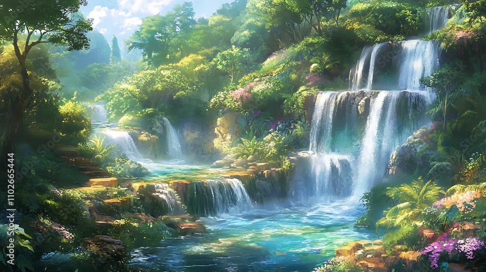 Serene Cascading Waterfalls in a Lush, Vibrant Tropical Paradise Serene Cascading Waterfalls in a Lush, Vibrant Tropical Paradise