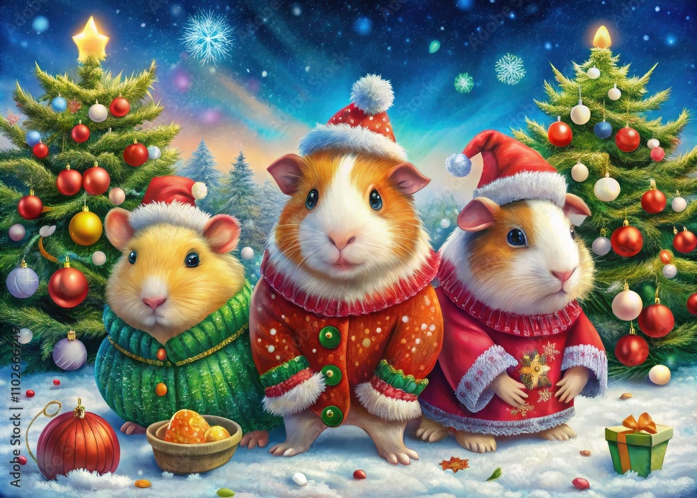 New Year's Guinea Pig Christmas Card Illustration: Festive Rodents in Holiday Attire New Year's Guinea Pig Christmas Card Illustration: Festive Rodents in Holiday Attire