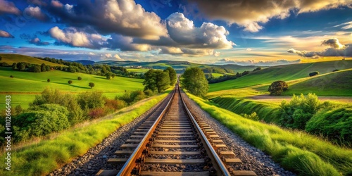 Narrow Gauge Railway Tracks in Diminishing Perspective - Scenic Train Journey Through Lush Landscapes and Rolling Hills photo