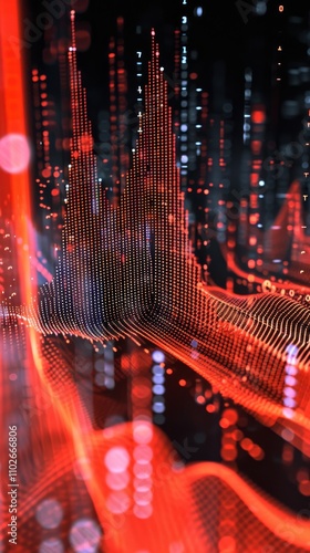 A futuristic cyber landscape with red and black data waves flowing across the scene, representing dynamic digital energy and modern technology. AI generated.
