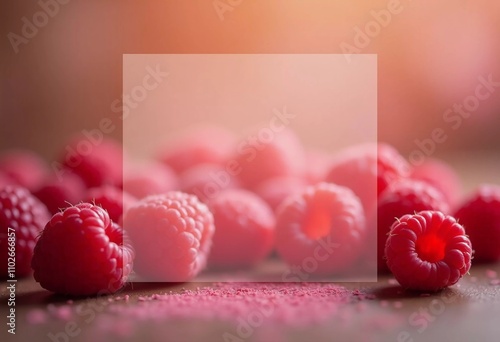 Juicy raspberries. Red colors shining through semi translucent space, creating striking focal point of freshness and flavor. Packaging for tea, jam or cosmetics with raspberry aroma. Generative AI photo