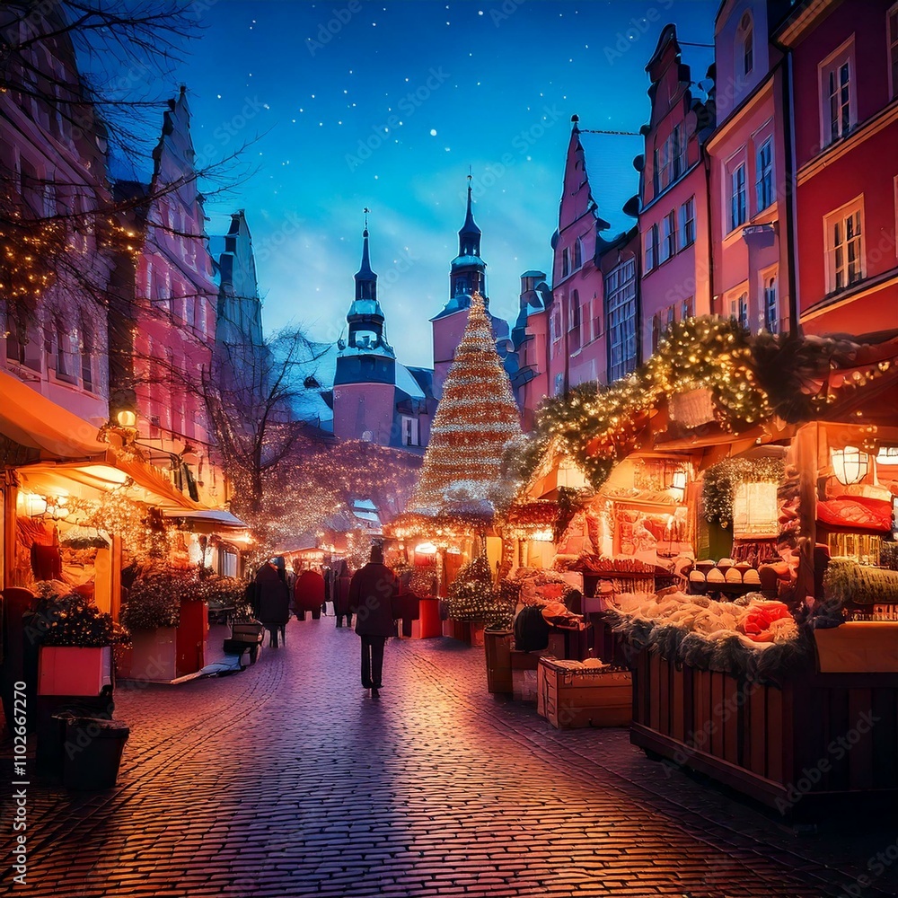 Naklejka premium European christmas market scenery at night 
