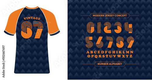 Vintage 87: Retro-style jersey featuring orange and navy numbers with arrow-up patterns. Perfect for a classic yet sporty vibe.