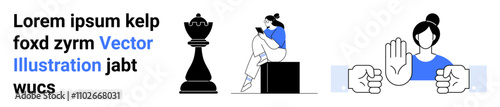 Businesswoman sitting on a giant chess piece contemplating strategy, another showing stop gesture with raised hand. Ideal for business strategy, decision making, focus, contemplation, warning