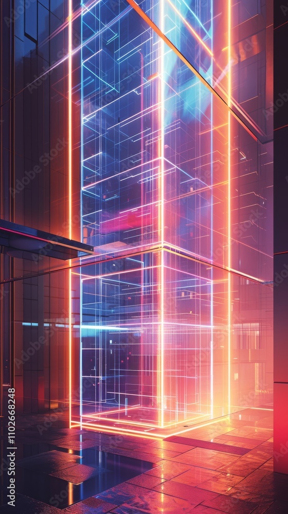A sleek glass structure illuminated by vibrant orange and blue neon lights. The design creates a futuristic, high-tech ambiance perfect for modern sci-fi settings. AI generated. A sleek glass structure illuminated by vibrant orange and blue neon lights. The design creates a futuristic, high-tech ambiance perfect for modern sci-fi settings. AI generated.