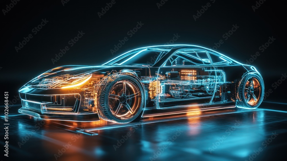 Futuristic car design showcasing internal components in neon style. Futuristic car design showcasing internal components in neon style.
