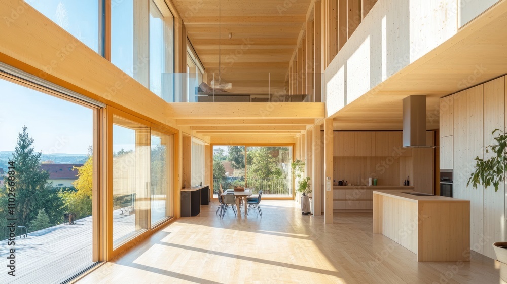 Modern wooden interior with large windows and open space design. Modern wooden interior with large windows and open space design.