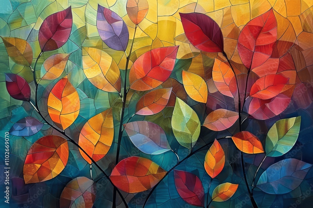 Colorful Abstract Autumn Leaves in Wind with Mosaic Background Colorful Abstract Autumn Leaves in Wind with Mosaic Background