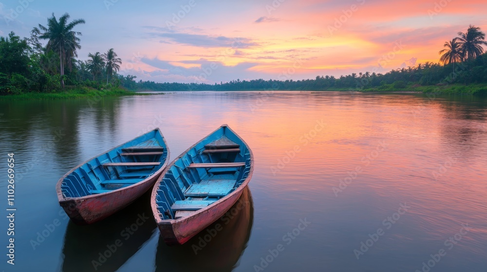 Serene Sunset Over Boats in Tranquil Waters Surrounded by Lush Greenery and Palm Trees, Captured in Stunning Detail Serene Sunset Over Boats in Tranquil Waters Surrounded by Lush Greenery and Palm Trees, Captured in Stunning Detail