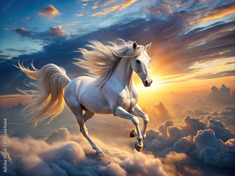 Magical Pegasus Soaring: Flying Horse, Celestial, Fantasy, Sky, Clouds, Mythical Creature, Winged Horse, Dreamlike, Ethereal, Whimsical, Art, Digital Painting, Photorealistic, High Resolution Magical Pegasus Soaring: Flying Horse, Celestial, Fantasy, Sky, Clouds, Mythical Creature, Winged Horse, Dreamlike, Ethereal, Whimsical, Art, Digital Painting, Photorealistic, High Resolution