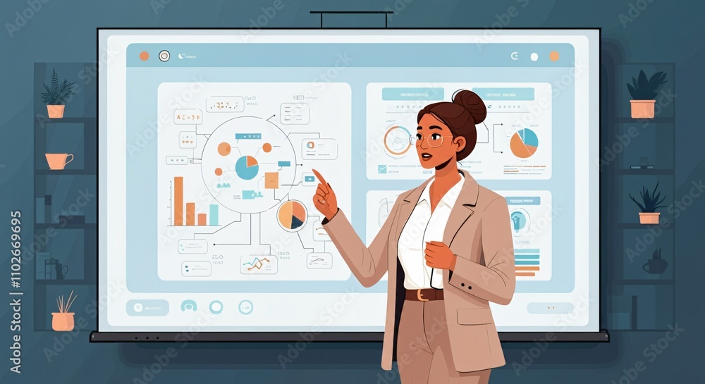 Businesswoman presenting a digital marketing strategy on a large screen during a meeting Businesswoman presenting a digital marketing strategy on a large screen during a meeting