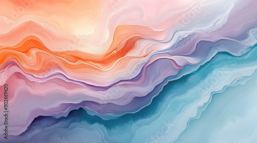 Abstract Fluid Art: Pastel Waves Flowing Seamlessly into a Tranquil Teal Background