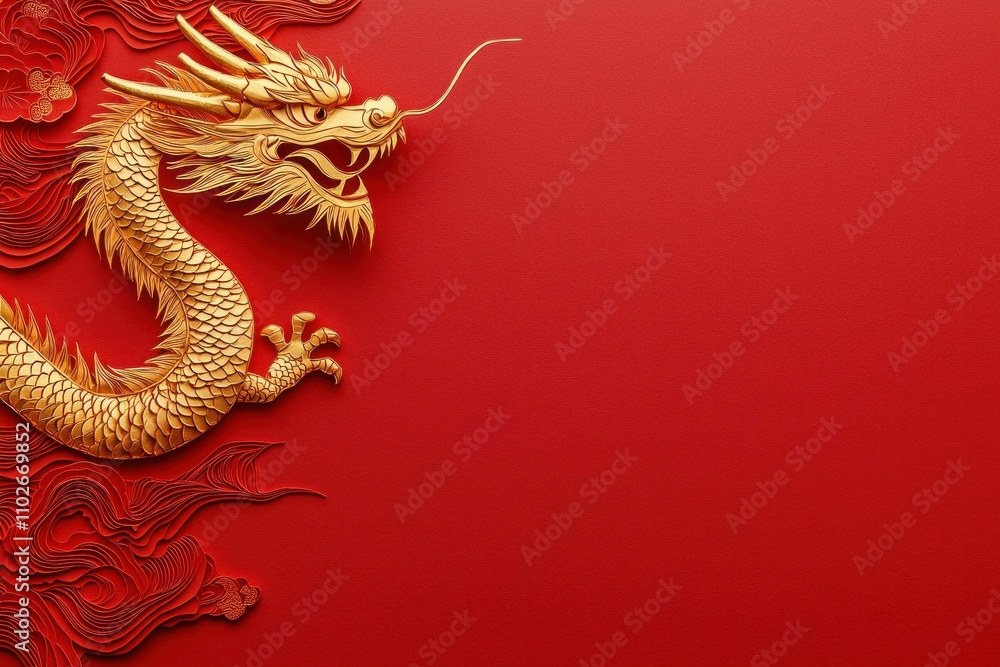 Golden dragon sculpture on a vibrant red background, representing power and strength, ideal for cultural and artistic themes. Golden dragon sculpture on a vibrant red background, representing power and strength, ideal for cultural and artistic themes.