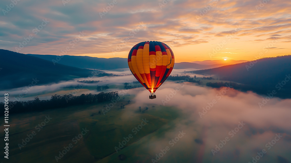 Obraz premium serene adventure scene with hot air balloon soaring above misty valleys at sunrise, showcasing vibrant colors and breathtaking landscapes