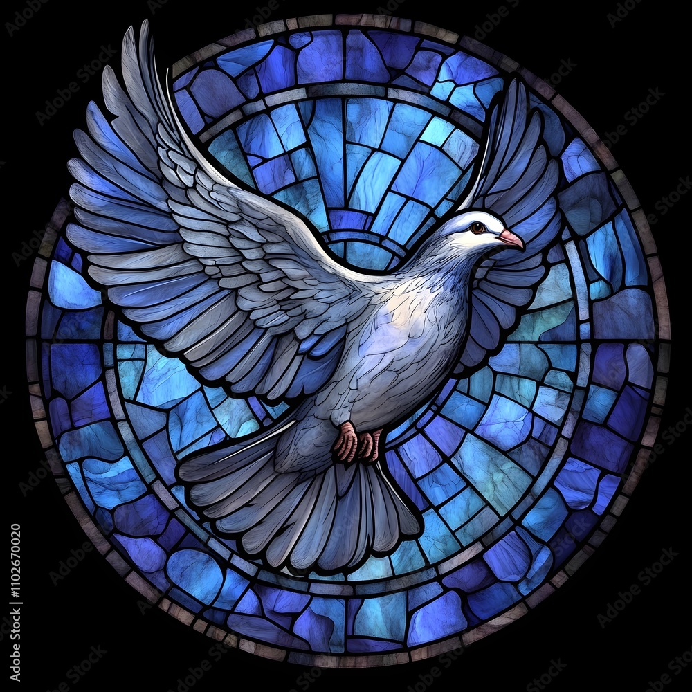 Fototapeta premium A serene stained-glass depiction of a dove, wings outstretched in a circular frame. Shades of blue create a peaceful mood.