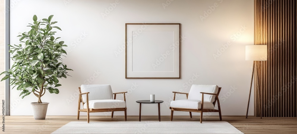 Minimalist White Wall Living Room with Wooden Armchairs and Large Plant Minimalist White Wall Living Room with Wooden Armchairs and Large Plant