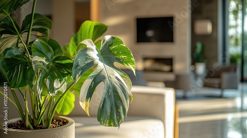 A rare monstera tricolor plant with stunning variegation in a sleek, modern living