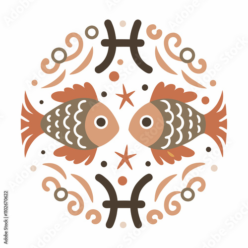 Boho Pisces Zodiac Art	Artistic boho representation of the Pisces zodiac sign, emphasizing fantasy and compassion with water elements.	