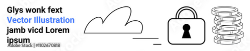 Cloud icon, lock with keyhole, and coin stacks on the right side. Ideal for data security, cloud storage, encryption, online banking, financial transactions cybersecurity and privacy. Landing page