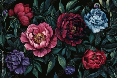 Fototapeta Naklejka Na Ścianę i Meble -  Vibrant floral arrangement featuring peonies in various shades, surrounded by lush green leaves on a dark background. Aesthetic and botanical concept.