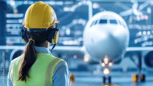 Woman construction worker in safety gear, ensuring workplace on construction site photo