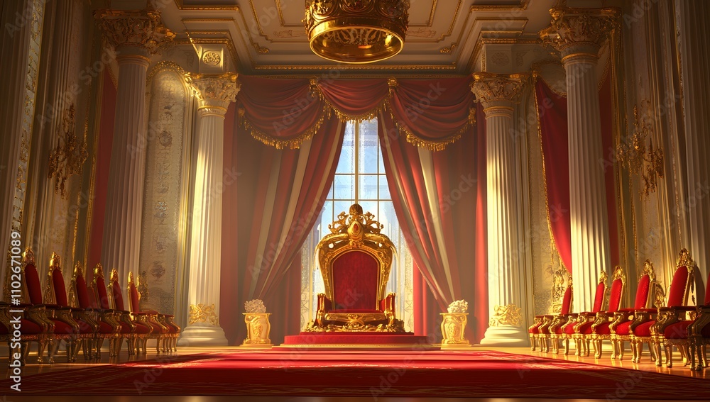 Fototapeta premium A majestic throne room bathed in warm sunlight, featuring a large golden throne and rows of ornate red chairs. The opulent setting exudes power and grandeur.