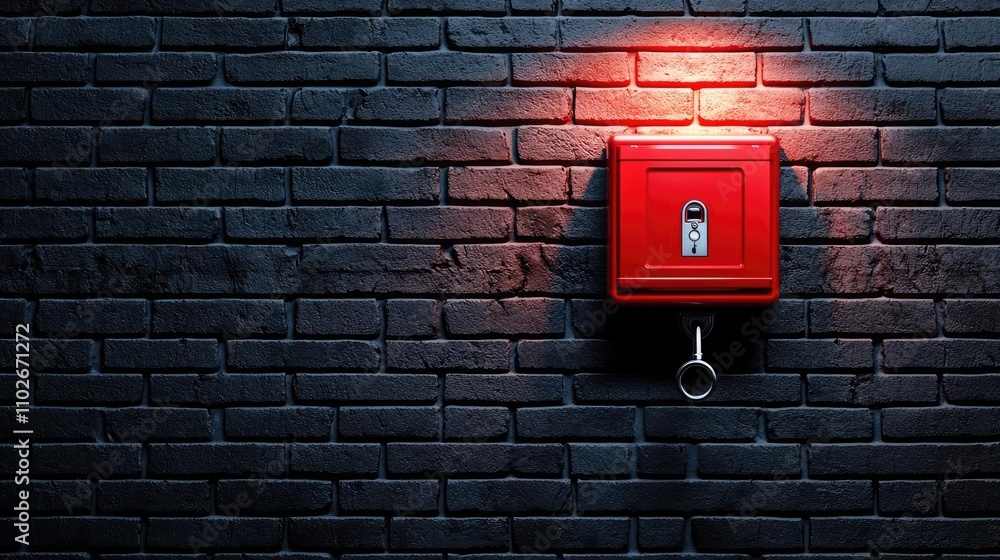 Red fire alarm box mounted on a dark brick wall, illuminated by soft light. Red fire alarm box mounted on a dark brick wall, illuminated by soft light.