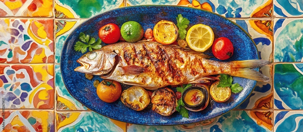 A vibrant grilled fish platter set against a colorful tiled Mediterranean background A vibrant grilled fish platter set against a colorful tiled Mediterranean background