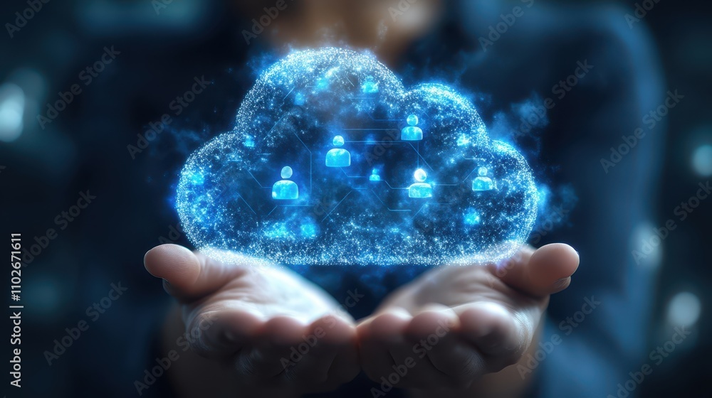 Social network connectivity, person holding cloud of media icons, representing digital communication and global reach Social network connectivity, person holding cloud of media icons, representing digital communication and global reach