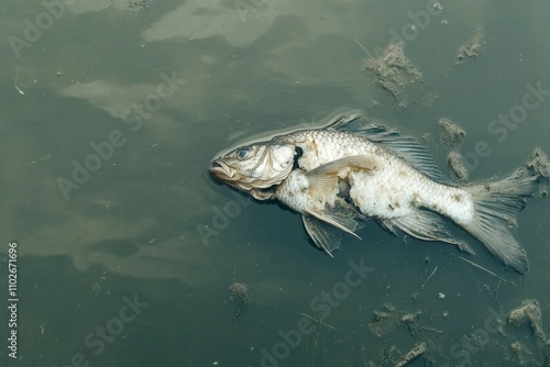 Dead Fish Floating in Polluted Water Highlighting Environmental Issues and the Impact of Pollution on Aquatic Life in Contemporary Ecosystems photo