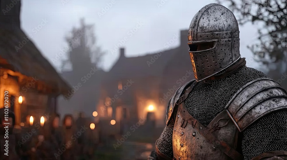 Knight in armor standing in a medieval village during twilight. Knight in armor standing in a medieval village during twilight.