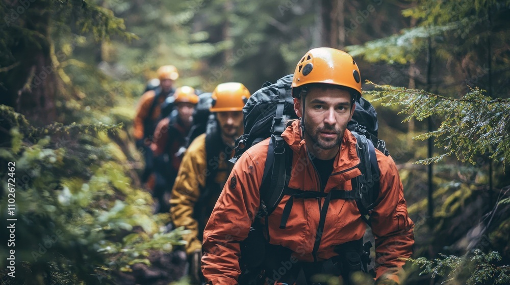 A rescue team searching for a lost hiker in a dense forest, equipped with gear and looking determined. A rescue team searching for a lost hiker in a dense forest, equipped with gear and looking determined.