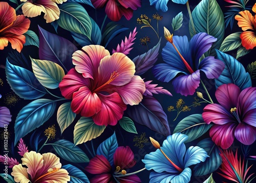 Hibiscus Flower Night Seamless Pattern, Tropical Floral Night Photography, Dark Bloom Wallpaper, Nighttime Hibiscus Design