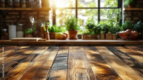 Rustic Wooden Table in Cozy Kitchen with Natural Light and Potted Plants photo