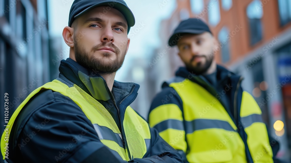 Two security personnel in reflective vests stand confidently on an urban street, showcasing their vigilance and readiness. Two security personnel in reflective vests stand confidently on an urban street, showcasing their vigilance and readiness.