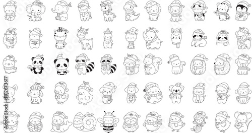 Animals christmas cartoon set cartoon,x mas Woodland Animals Coloring Forest , animal cartoon,Head Animal, Big collection of decorative for kids,baby characters, card,hand drawn, cartoon style.vector
