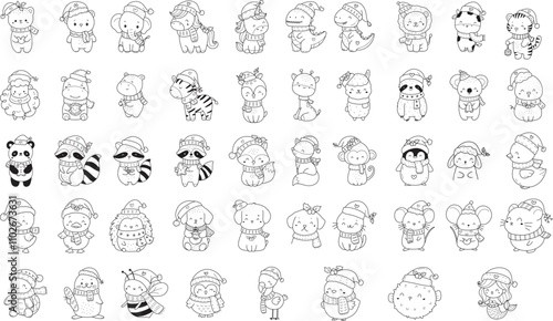 Animals christmas cartoon set cartoon,x mas Woodland Animals Coloring Forest , animal cartoon,Head Animal, Big collection of decorative for kids,baby characters, card,hand drawn, cartoon style.vector