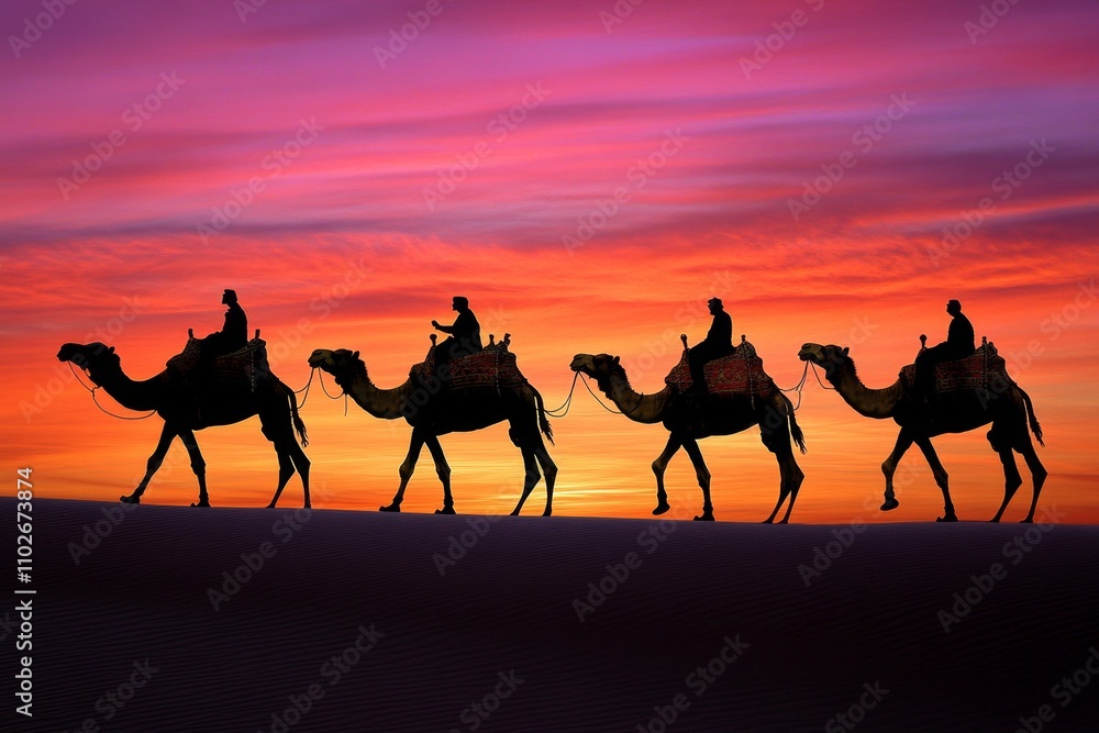 A camel caravan crossing the vast dunes of the Gobi Desert under a golden sunset