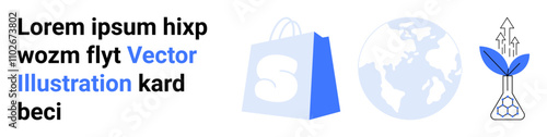 A shopping bag, globe, and growth symbol with arrows. Ideal for e-commerce, global trade, sustainability, eco-friendly practices, business growth. Landing page