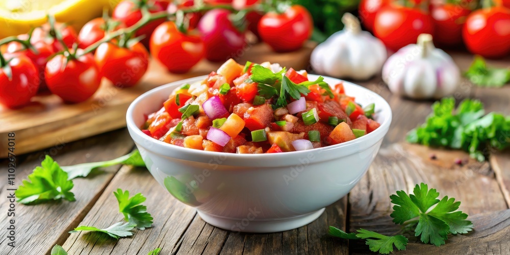 Fresh Salsa Dip in White Bowl with Diced Tomatoes, Onions, and Parsley, Perfect for Parties and Gatherings, Vibrant Colors, Healthy Recipe, Appetizer Presentation Fresh Salsa Dip in White Bowl with Diced Tomatoes, Onions, and Parsley, Perfect for Parties and Gatherings, Vibrant Colors, Healthy Recipe, Appetizer Presentation