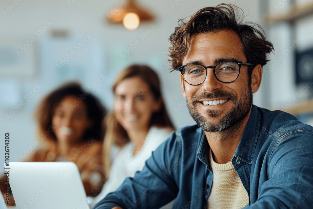 Smiling Male Business Professional with Laptop in Office Meeting Smiling Male Business Professional with Laptop in Office Meeting