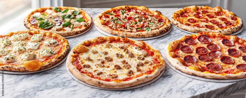 Variety of delicious pizzas on a marble countertop. Variety of delicious pizzas on a marble countertop.