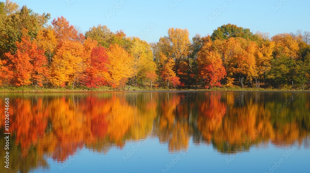 Fototapeta premium A scenic autumn landscape with trees displaying brilliant shades of orange, red, and yellow, reflecting the fall season